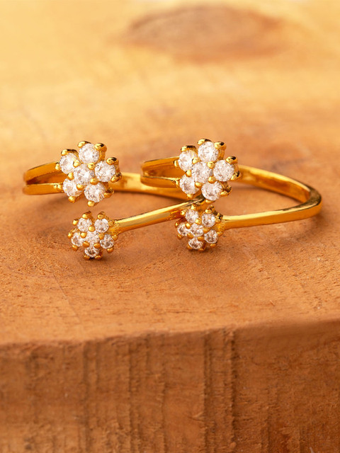 

Voylla Women Set of 2 Brass-Plated Gold-Toned & White CZ-Studded Toe Rings