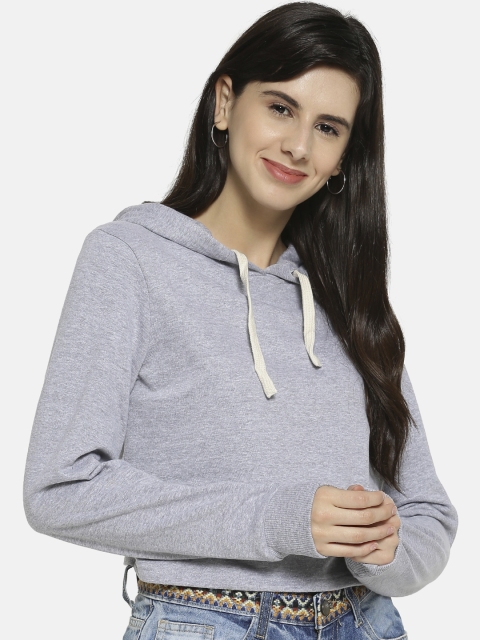 

Campus Sutra Women Grey Melange Solid Hooded Cropped Sweatshirt
