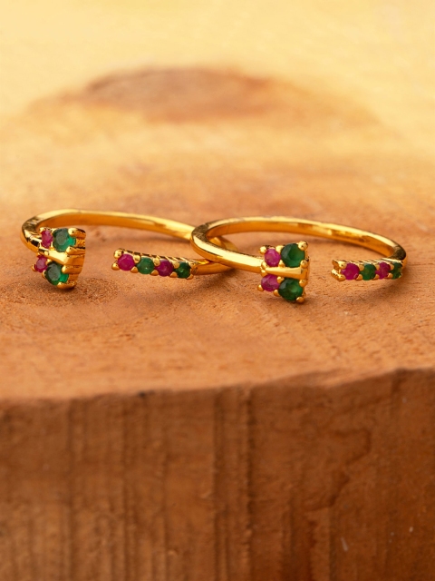 

Voylla Women Set of 2 Brass-Plated Gold-Toned & Pink CZ-Studded Toe Rings