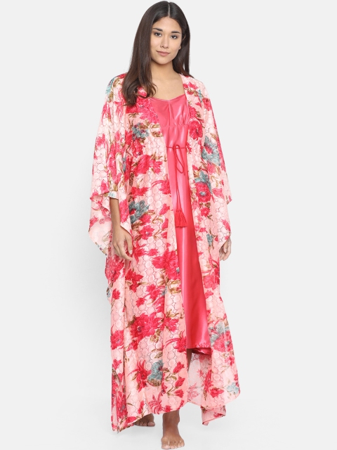 

The Kaftan Company Women Pink Solid Nightdress With Printed Wrapper