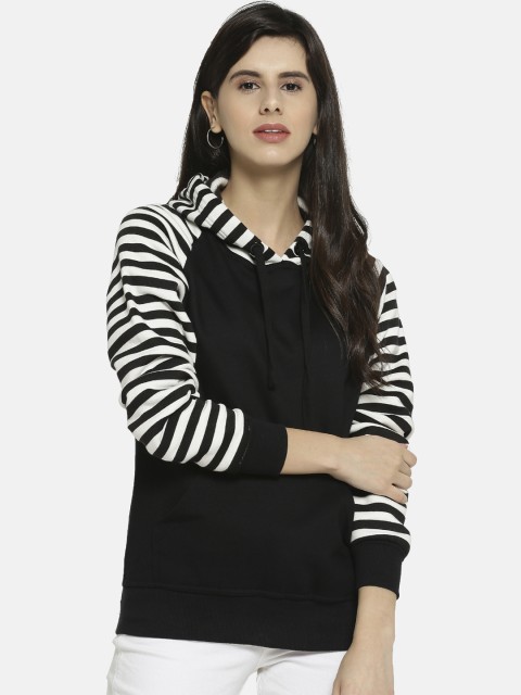 

Campus Sutra Women Black & White Striped Hooded Sweatshirt