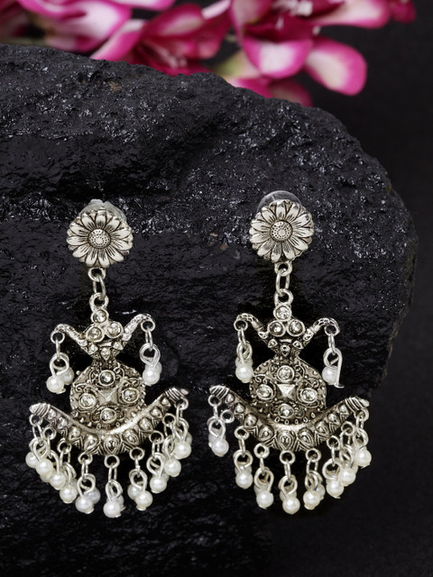 

Moedbuille Silver-Plated Oxidised Crescent Shaped Handcrafted Pearl Studded Drop Earrings