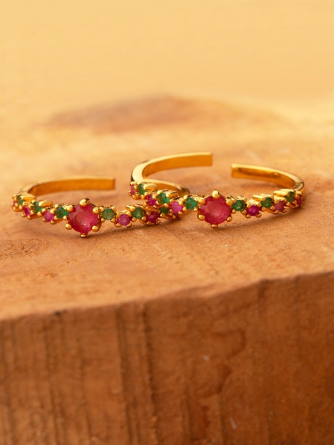 

Voylla Women Set of 2 Brass-Plated Gold-Toned & Pink CZ-Studded Toe Rings