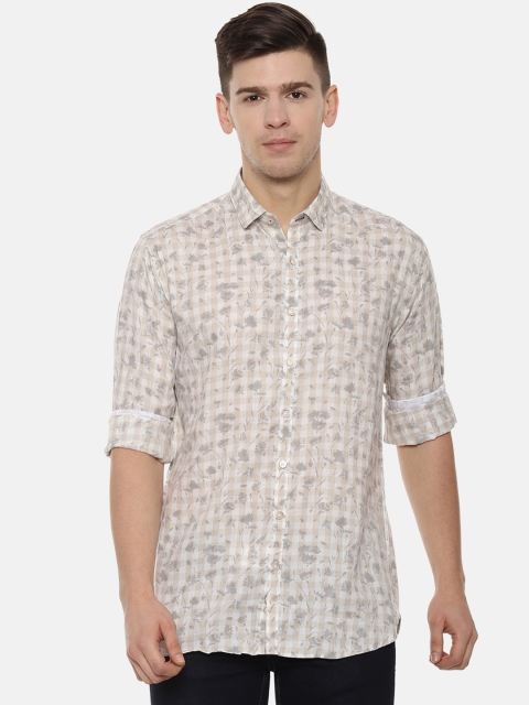

V Dot Men Beige & White Slim Fit Printed Casual Shirt
