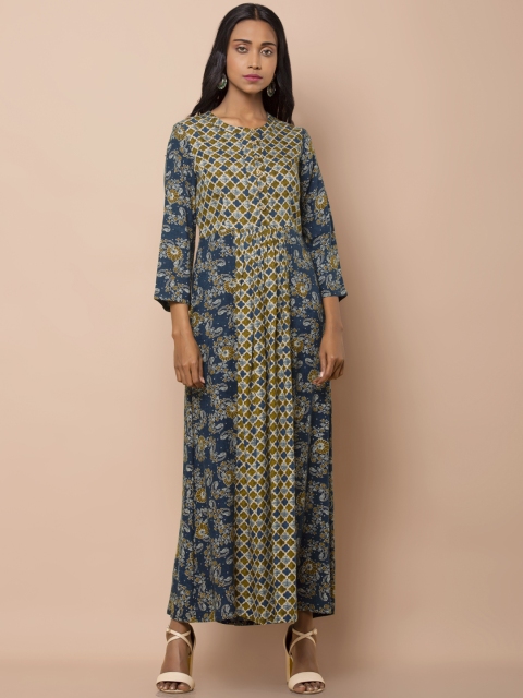 

INDYA Women Blue & Green Printed A-Line Dress