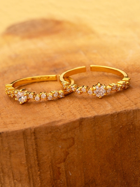 

Voylla Women Set of 2 Brass-Plated Gold-Toned & White CZ-Studded Toe Rings