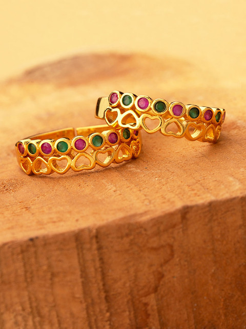 

Voylla Women Set of 2 Brass-Plated Gold-Toned & Pink CZ-Studded Toe Rings