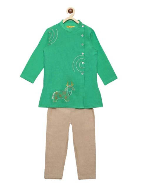 

Tiber Taber Boys Green & Beige Embroidered Kurta with Pyjamas