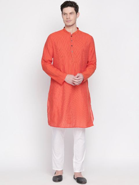 

indus route by Pantaloons Men Orange Striped Straight Kurta
