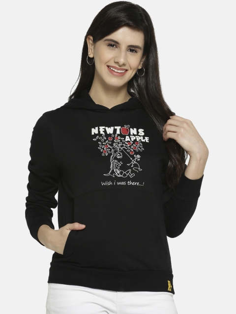 Campus Sutra Women Black Printed Hooded Sweatshirt