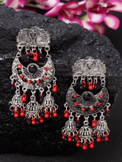 

Moedbuille Black & Red Peacock Shaped Drop Handcrafted Earrings