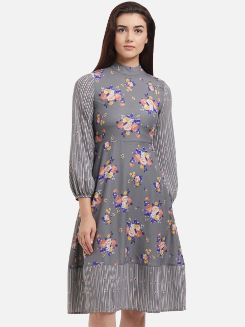 

109F Women Grey Floral Printed Fit and Flare Dress