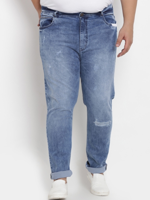 

John Pride Plus Size Men Blue Regular Fit Mid-Rise Low Distress Stretchable Jeans