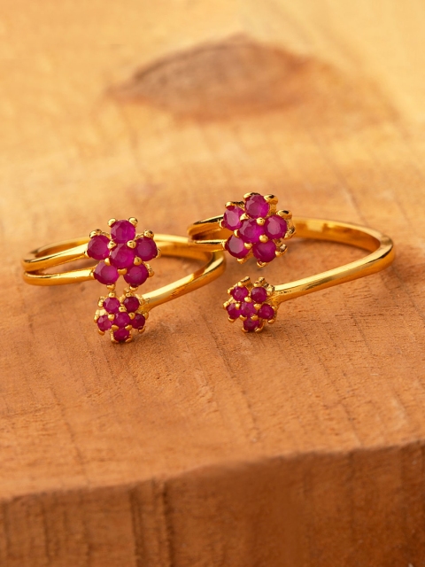 

Voylla Women Set of 2 Brass-Plated Gold-Toned & Pink CZ-Studded Toe Rings