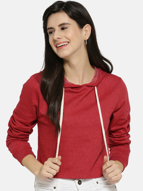 

Campus Sutra Women Maroon Solid Hooded Crop Sweatshirt