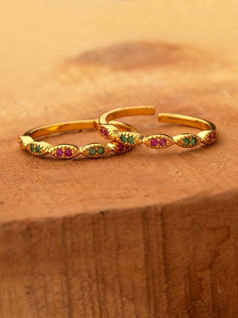 

Voylla Women Set of 2 Brass-Plated Gold-Toned & Pink CZ-Studded Toe Rings