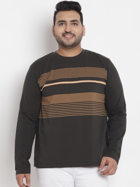 

John Pride Plus Size Men Olive Brown Striped Stretchable Round Neck T-shirt