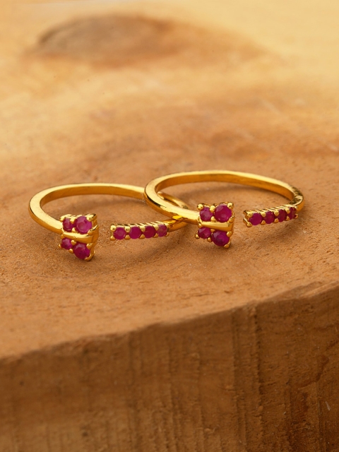 

Voylla Women Set of 2 Brass-Plated Gold-Toned & Pink CZ-Studded Toe Rings