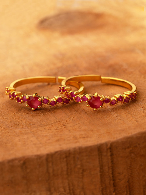 

Voylla Women Set of 2 Brass-Plated Gold-Toned & Pink CZ-Studded Toe Rings