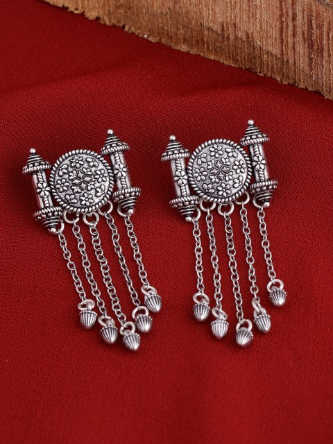 

Voylla Silver-Plated Oxidised Circular Drop Earrings