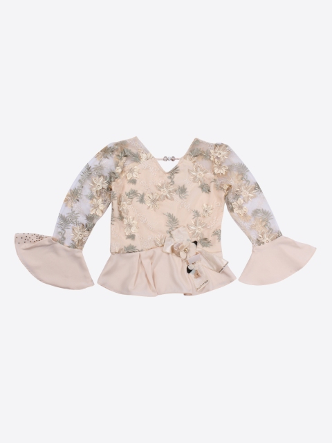 

CUTECUMBER Girls Beige Floral Embroidered Peplum Top