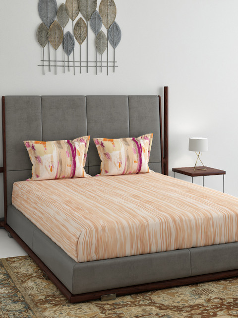 

Trident Orange Striped 144 TC Cotton 1 Queen Bedsheet with 2 Pillow Covers