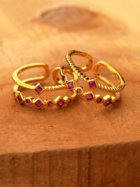 

Voylla Women Set of 2 Brass-Plated Gold-Toned & Pink CZ-Studded Toe Rings
