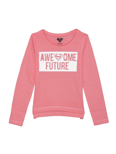 

Kids Ville Girls White Supergirl Printed Round Neck Half Sleeve T-shirt, Pink