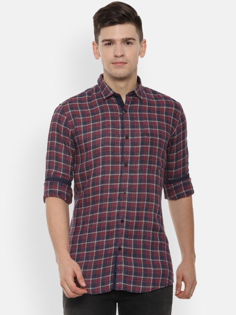 

Van Heusen Sport Men Maroon & Blue Slim Fit Checked Linen Casual Shirt