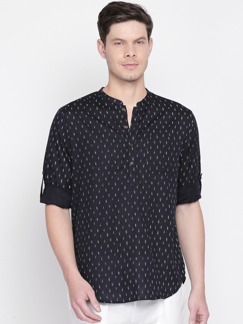 

indus route by Pantaloons Men Navy Blue Woven Design Straight Kurta