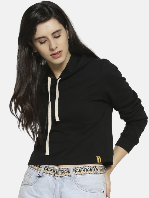 

Campus Sutra Women Black Solid Hooded Sweatshirt