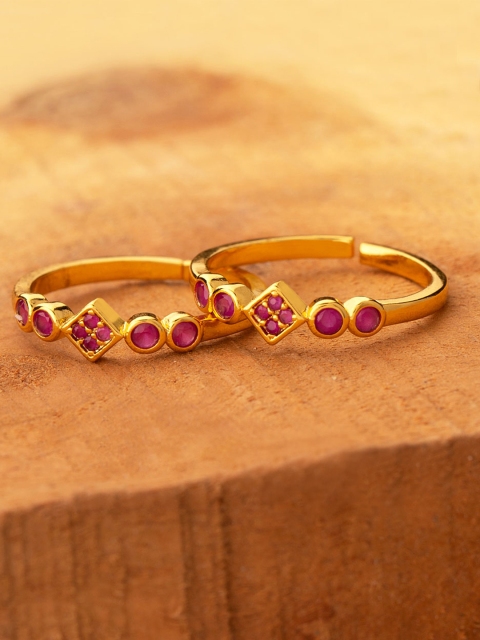 

Voylla Women Set of 2 Brass-Plated Gold-Toned & Pink CZ-Studded Toe Rings