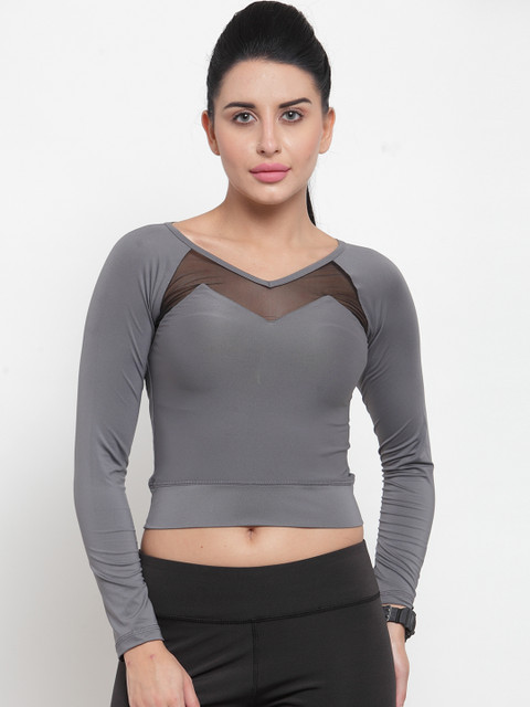 

Boston Club Women Grey Solid V-Neck Cropped Gym T-shirt