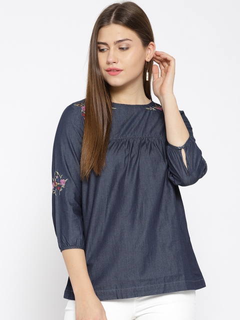 

Xpose Women Navy Blue Embroidered Pure Cotton Top