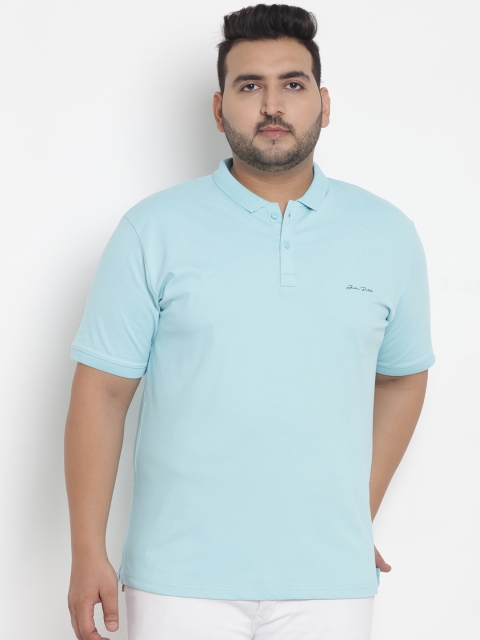

John Pride Plus Size Men Turquoise Blue Solid Stretchable Polo Collar T-shirt