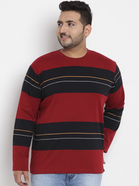 

John Pride Plus Size Men Maroon Striped Stretchable Round Neck T-shirt