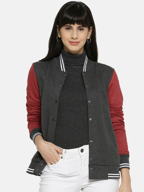 

Campus Sutra Women Charcoal Grey & Maroon Solid Varsity Jacket