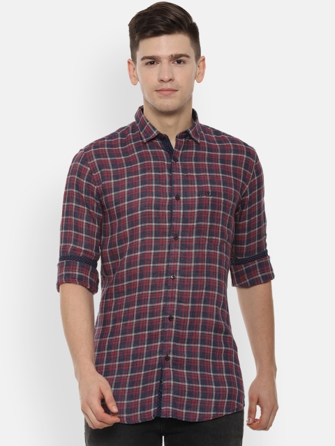 

Van Heusen Sport Men Maroon & Blue Slim Fit Checked Linen Casual Shirt