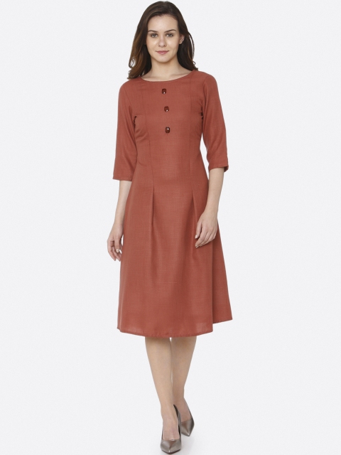 

RAISIN Women Rust Orange Solid Fit and Flare Dress