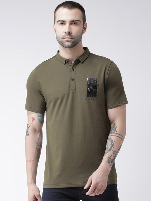 

Rex Straut Jeans Men Olive Green Solid Polo Collar T-shirt