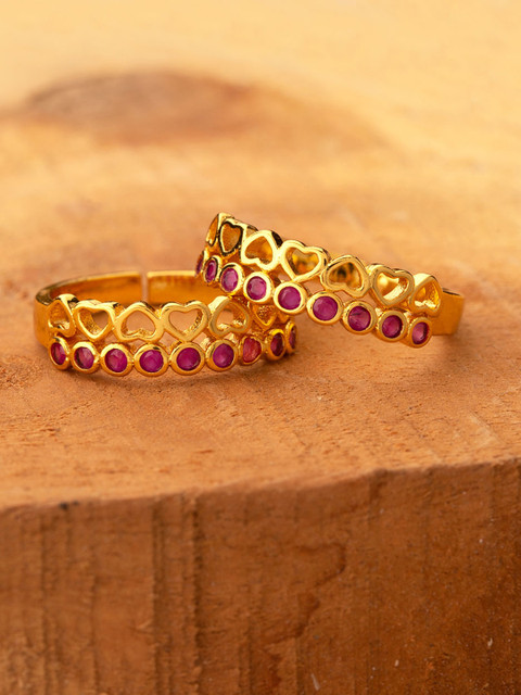 

Voylla Women Set of 2 Brass-Plated Gold-Toned & Pink CZ-Studded Toe Rings