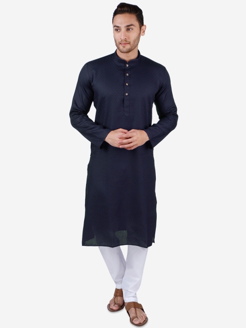 

RAJUBHAI HARGOVINDAS Men Navy Blue & White Self Design Kurta with Churidar