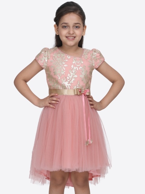 

CUTECUMBER Girls Peach-Coloured & Gold-Toned Printed Fit and Flare Dress