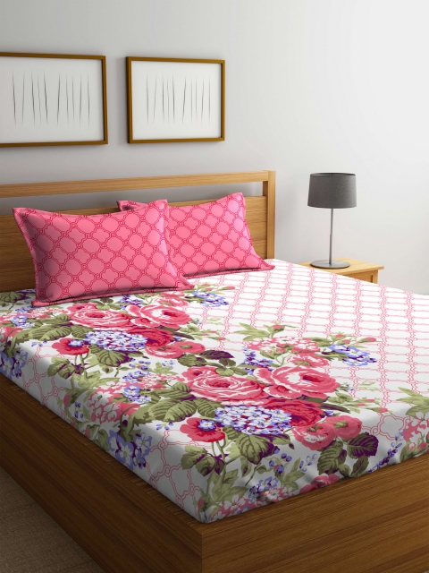 

STELLAR HOME White & Pink Floral 144 TC Cotton 1 King Bedsheet with 2 Pillow Covers