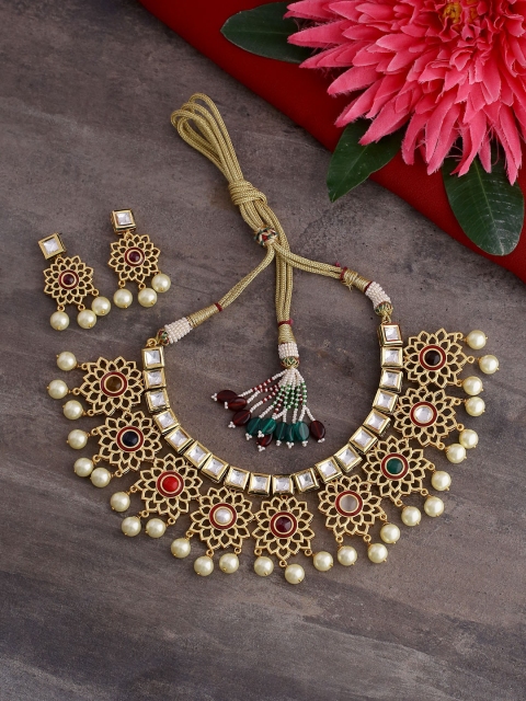 

Studio Voylla Women Brass-Plated Gold-Toned & Red Enamelled Navratan Jewellery Set
