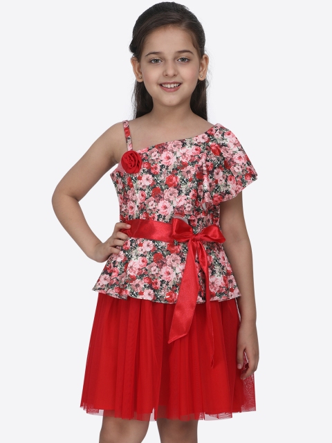CUTECUMBER Girls Red & Green Floral Printed Fit and Flare Dress