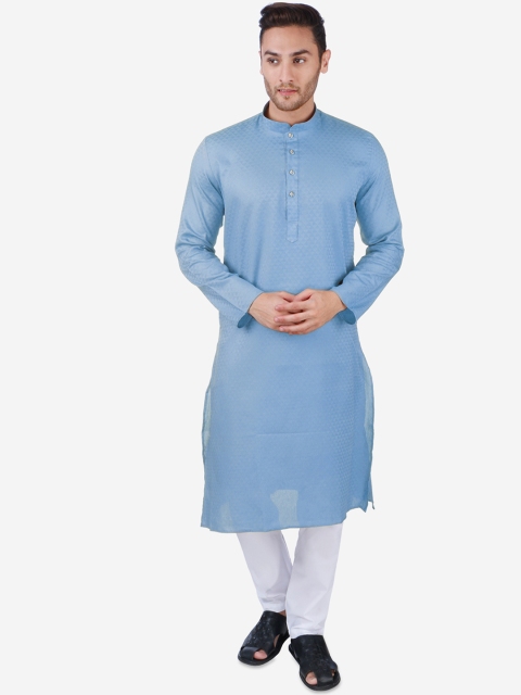 

RAJUBHAI HARGOVINDAS Men Blue & White Self Design Kurta with Churidar