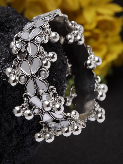 

Moedbuille Silver-Plated Stone& Ghungroo Studded Handcrafted Bangle Style Bracelet