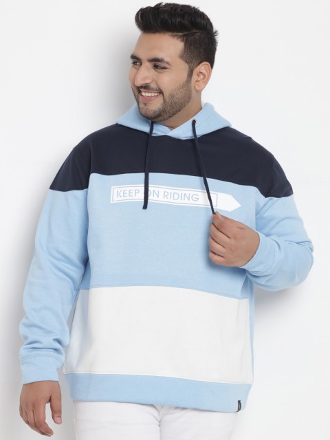 

John Pride Plus Size Men Blue White Colourblocked Hooded Sweatshirt