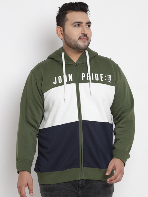 

John Pride Plus Size Men Olive Green White Colourblocked Hooded Sweatshirt